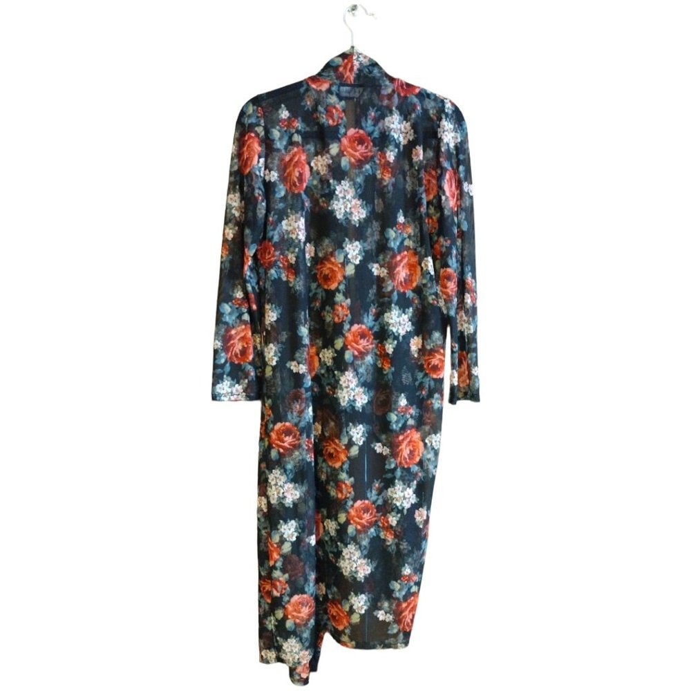 Vintage Objex Black Pink Rose Floral Chiffon High Low Duster Women's.  2x